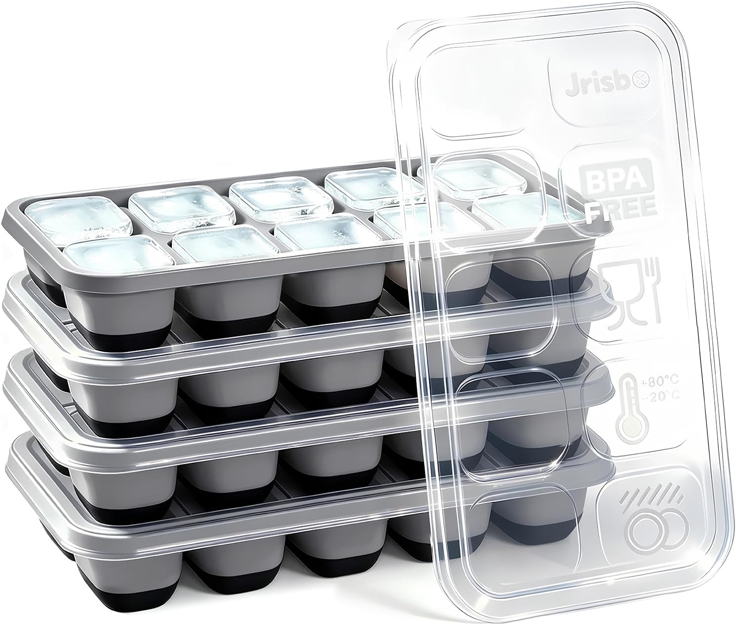 Silicone Ice Cube Tray, 4 Pack Easy-Release & Flexible Ice Cube Trays with Spill-Resistant Removable Lid, Stackable Ice Trays with Covers for Freezer, Cocktail (4 BlackGrey)