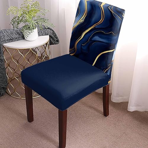 Miniatura 2 de Juego de 6 fundas elásticas para sillas de comedor con diseño de mármol azul marino y amarillo, fundas protectoras elásticas para sillas de cocina,