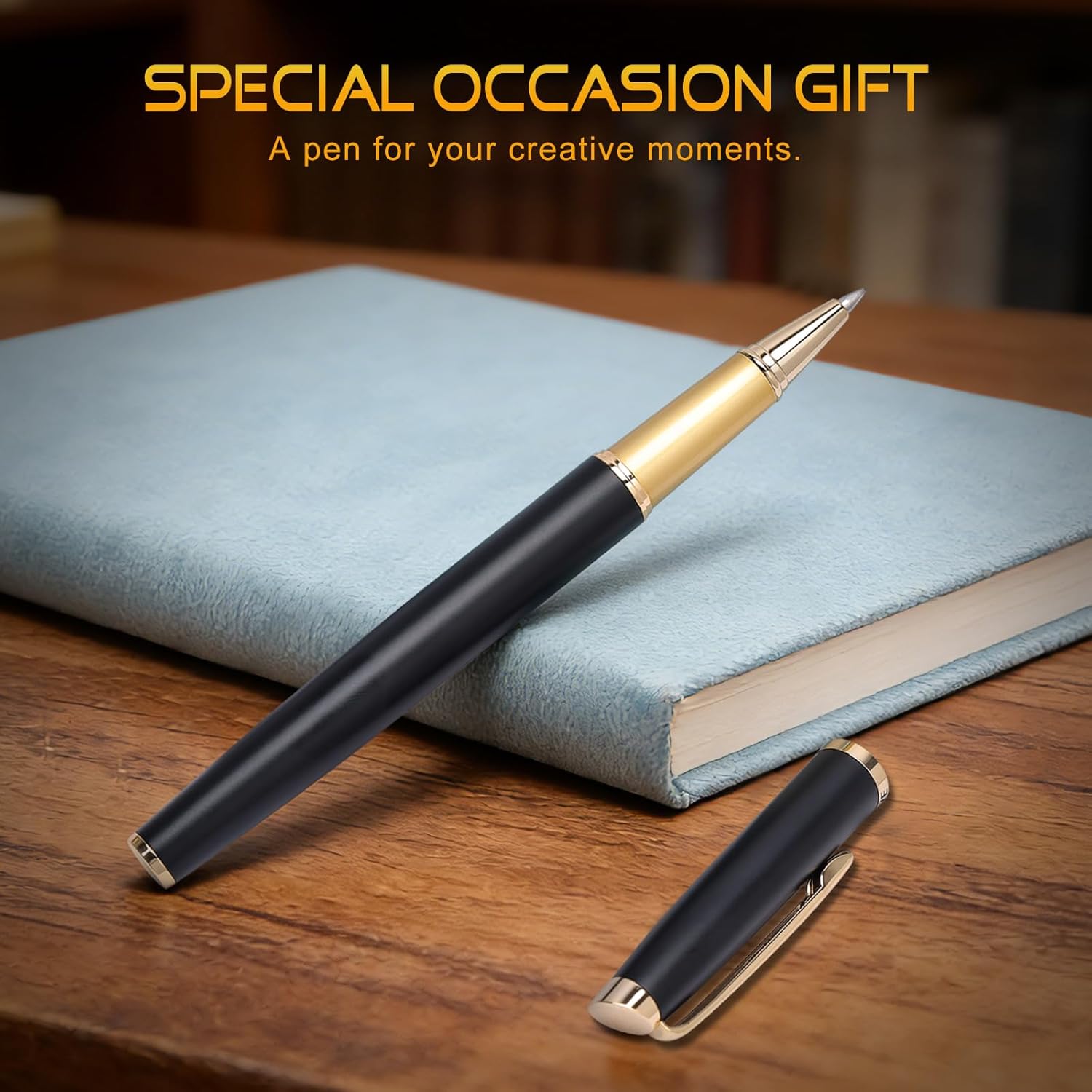 ZHKUVE Luxury Rollerball Pen,Stunning Black Lacquer with 24K Gold Trim,Switzerland Tip with Black Ink Refills, Elegant Gift Set For Men & Women, Executive Writing, Nice Fancy