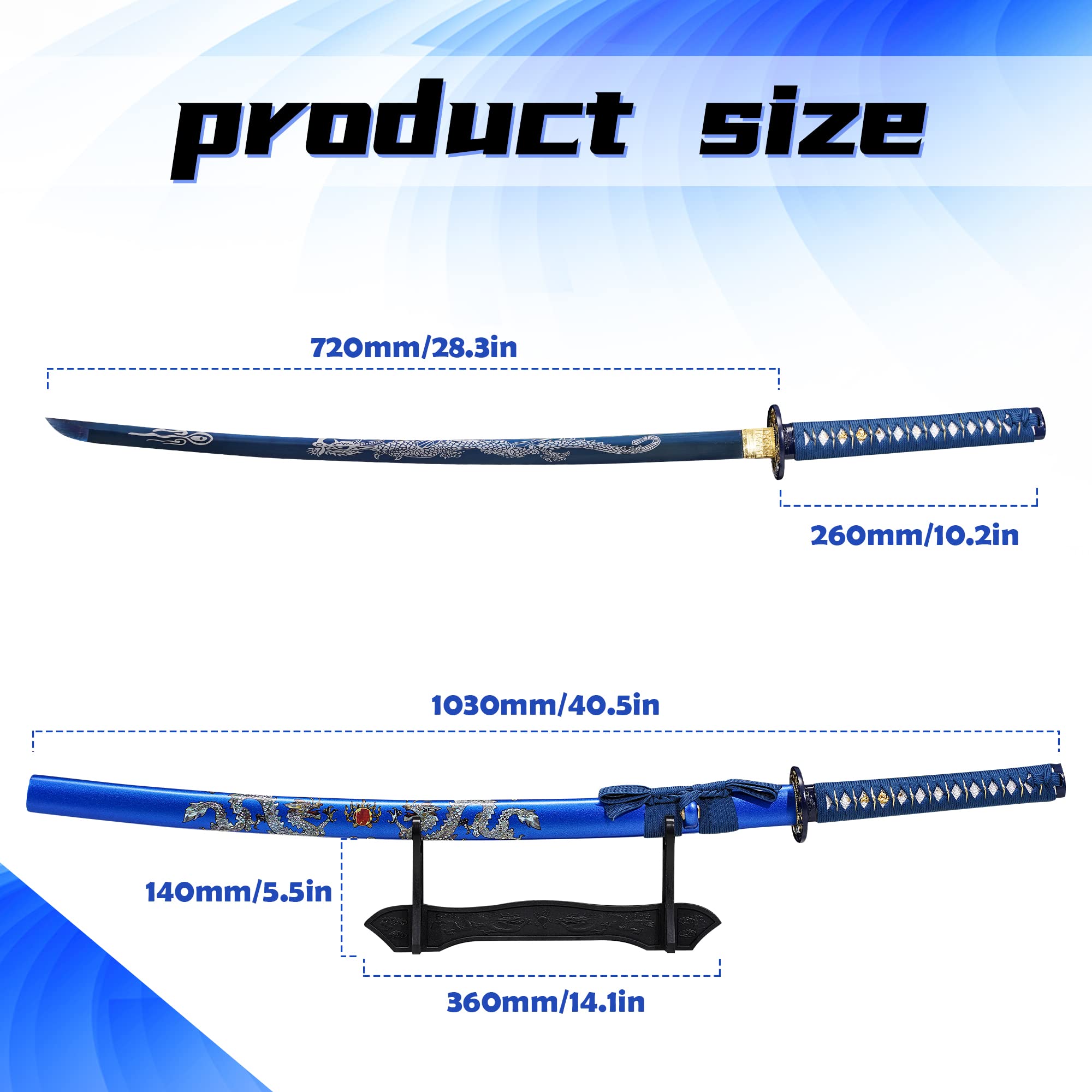 Handmade Japanese Samurai Katana Sword,41 inch 1060/1095 High Carbon Steel Full Tang Metal with Stand Katana,for Man Gift Cosplay Decoration Blue