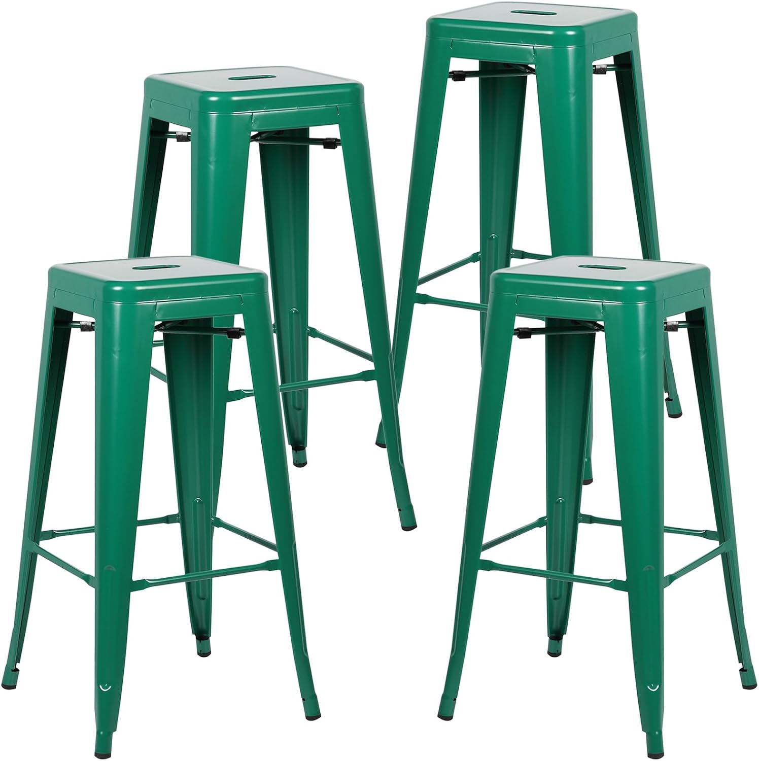 EdgeMod Trattoria 30 Inch Metal Bar Counter Stool, Industrial, Backless, Stackable in Dark Green (Set of 4)