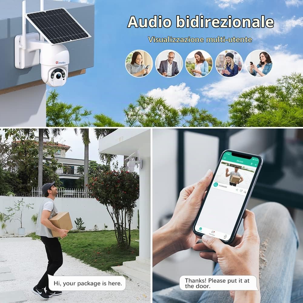 Ctronics 2.5K 4MP Telecamera Wi-Fi Esterno Senza Fili con 355/95°Pan & Tilt | Telecamera con pannello solare Batteria, Visione Notturna a Colore, Rilevamento Umano PIR, Audio a Due Vie, IP66