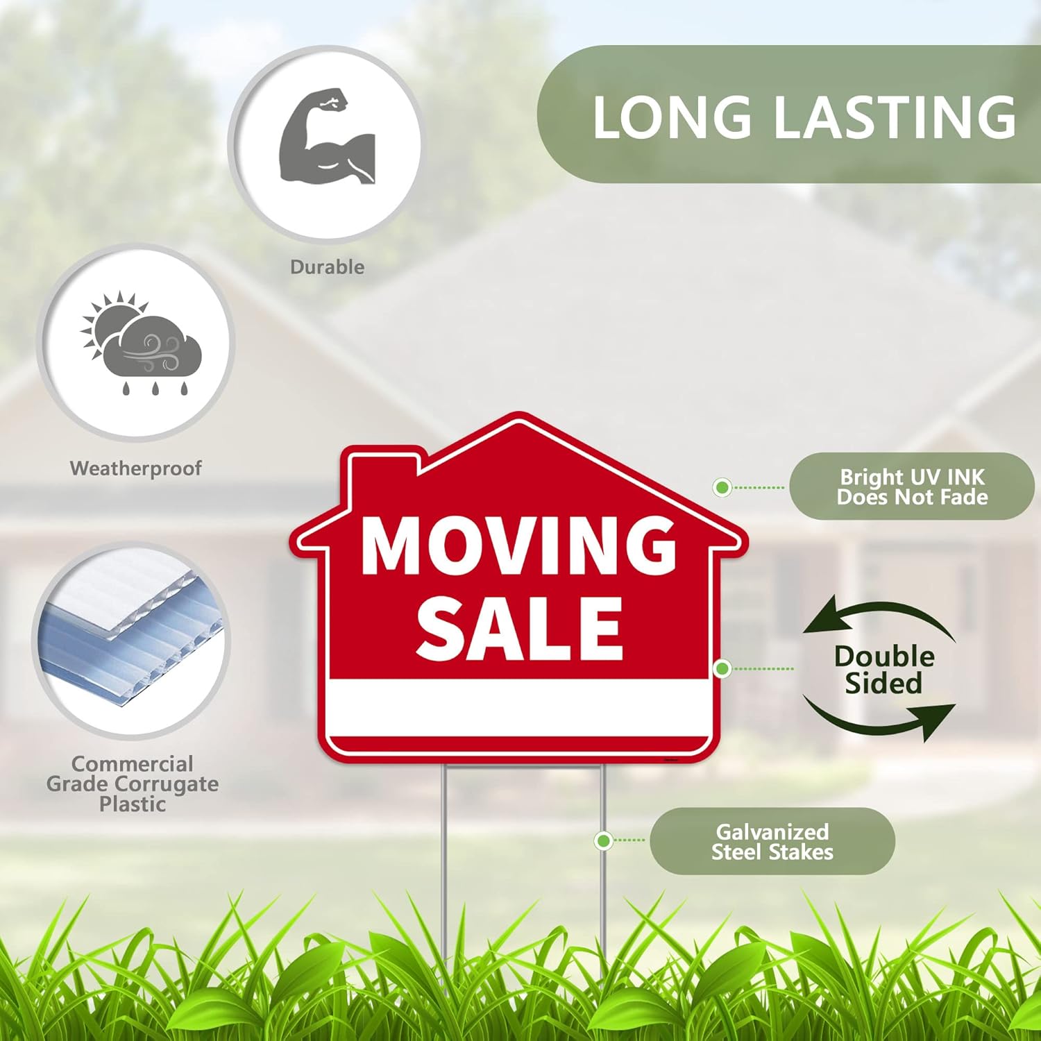 3PC Moving Sale Yard Sign with Stake, 17 Inches by 13 Inches - Double Sided Signs - Corrugated Plastic