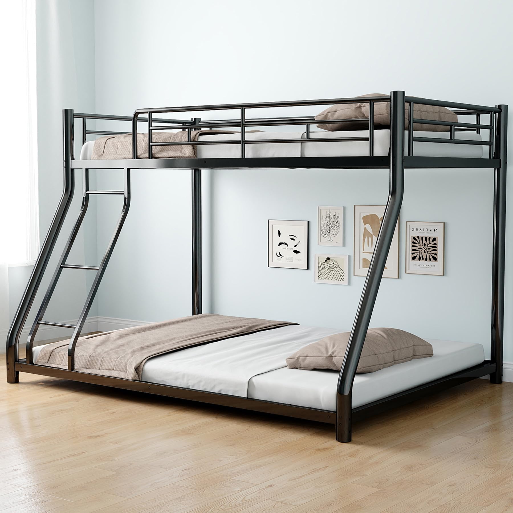 Twin Over Full Bunk Bed,Heavy Duty Metal Bunk Bed Frame for Adults,2 Side Ladder,Guardrail,Space-Saving,Noise Reduced,No Box Spring Needed,Black (Twin Over Full - Black)