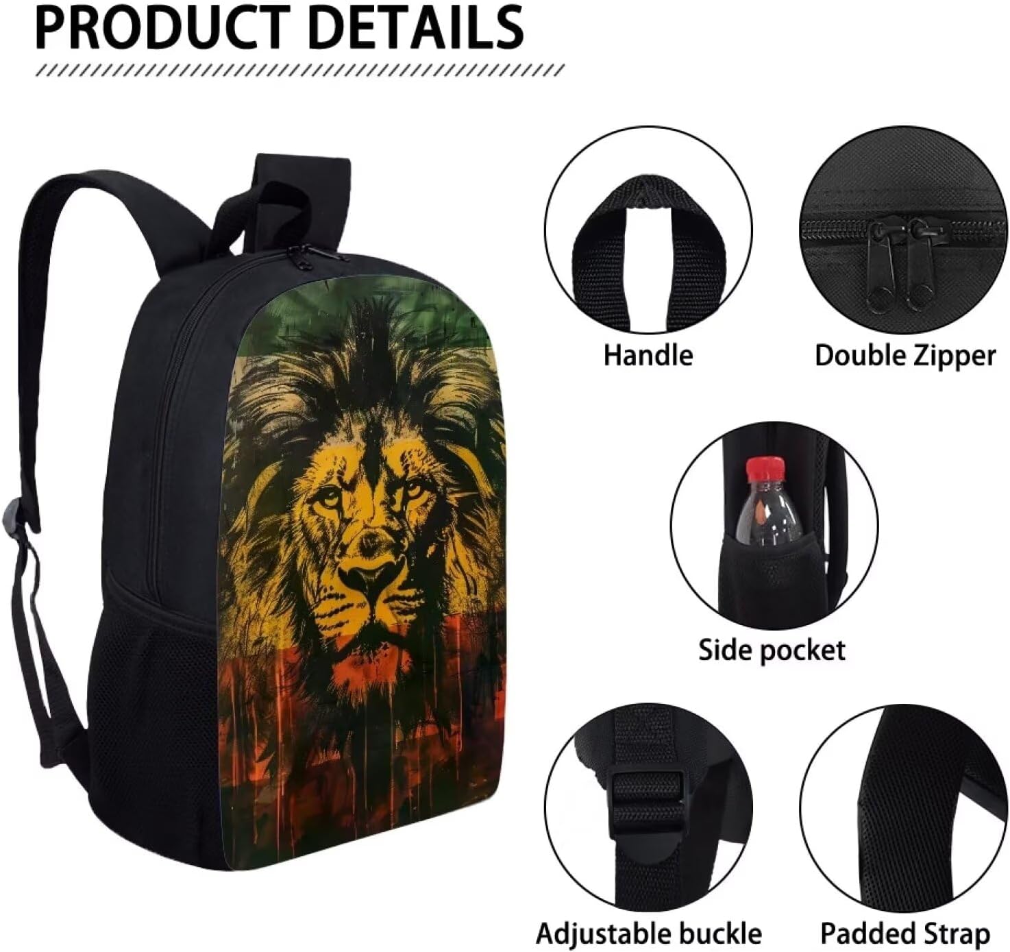 17" Large Capacity Polyester Kids Travel Backpack - Rasta Flag Lion Print School Backpack for Boys - 4pcs Jamaica Design School Bags Kids Backpack with Pencil Case Ideal Gifts for Kids