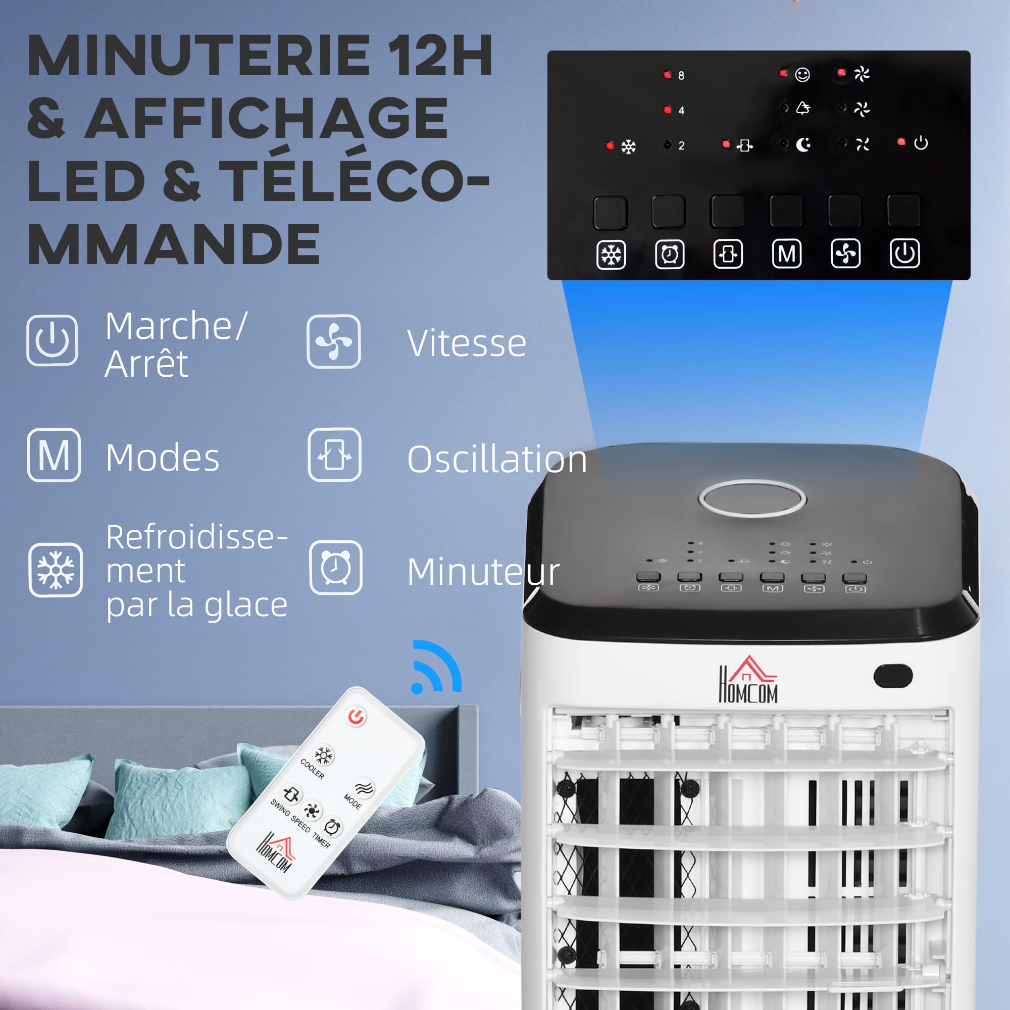 HOMCOM Refroidisseur d'air ventilateur humidificateur 3 en 1 sur roulettes télécommande 3 modes 3 vitesses minuterie et oscillant réservoir 3,5L avec 2 blocs réfrigérants blanc