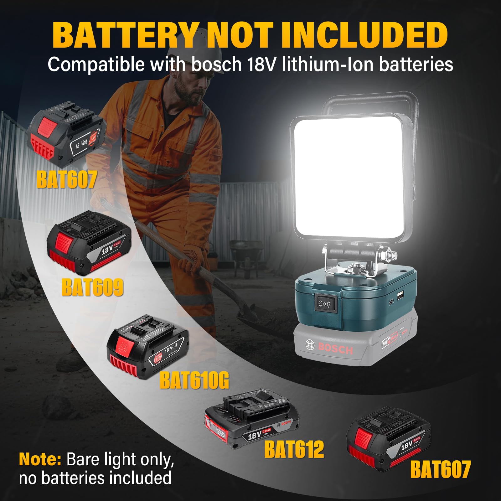 RIGIDON recargable portatil foco de trabajo led para batería bosch 18V /20V | sin batería, 4 pulgadas, 48W 4800lm, foco led Lámpara, para camping trabajo pesca construcción, emergencia, 6000K blanca