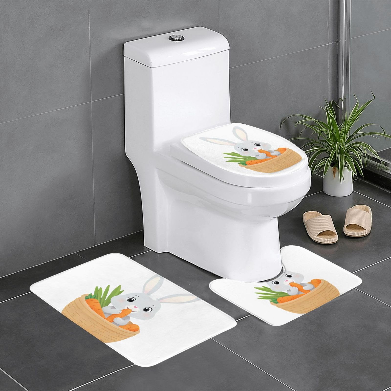 Tapis de salle de bain antidérapant lot de 3 avec couvercle motif lapin carotte