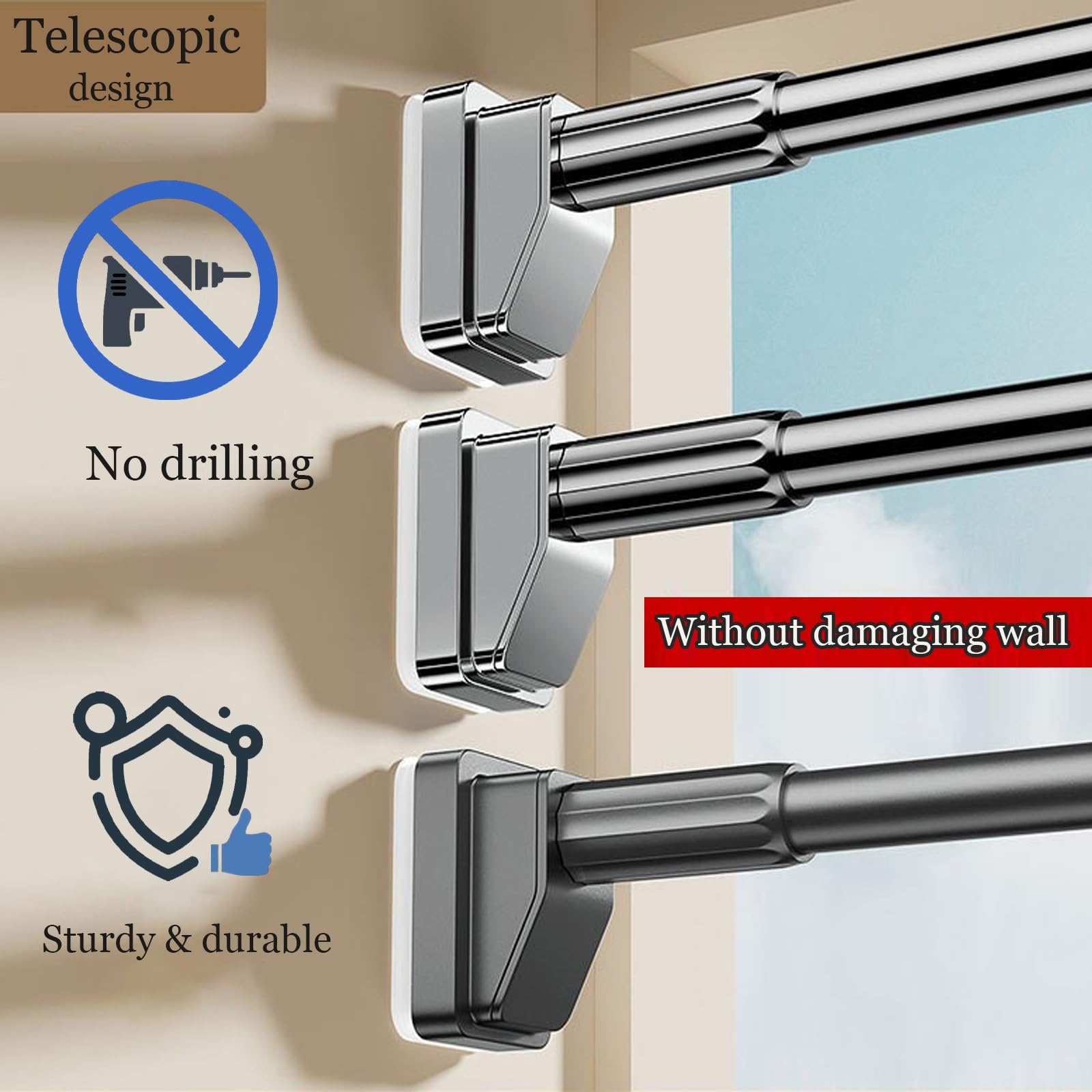 Barra De Cortina De Ducha Extensible 1m 2.5m 3.5m 4m 5m Tubo Para Cortina De Baño Sin Taladrar Acero Inoxidable Antideslizante Barra Cortinas Extensible De Tensión Telescópica(Metallic,260-350CM)
