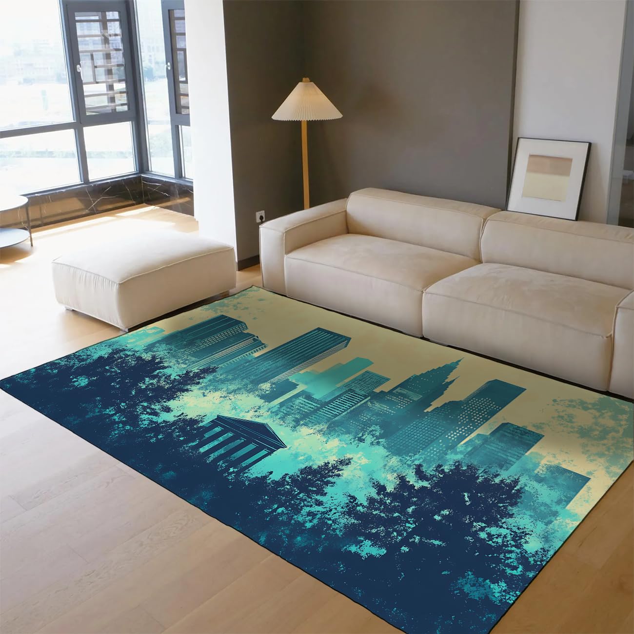Aquarell Stadtbild Teppiche Abstrakte Wolkenkratzer- und Baumbereichsteppiche für Schlafzimmer Stadtszene Waschbarer Faltbarer Teppich für Wohnzimmer Blau 180x240cm