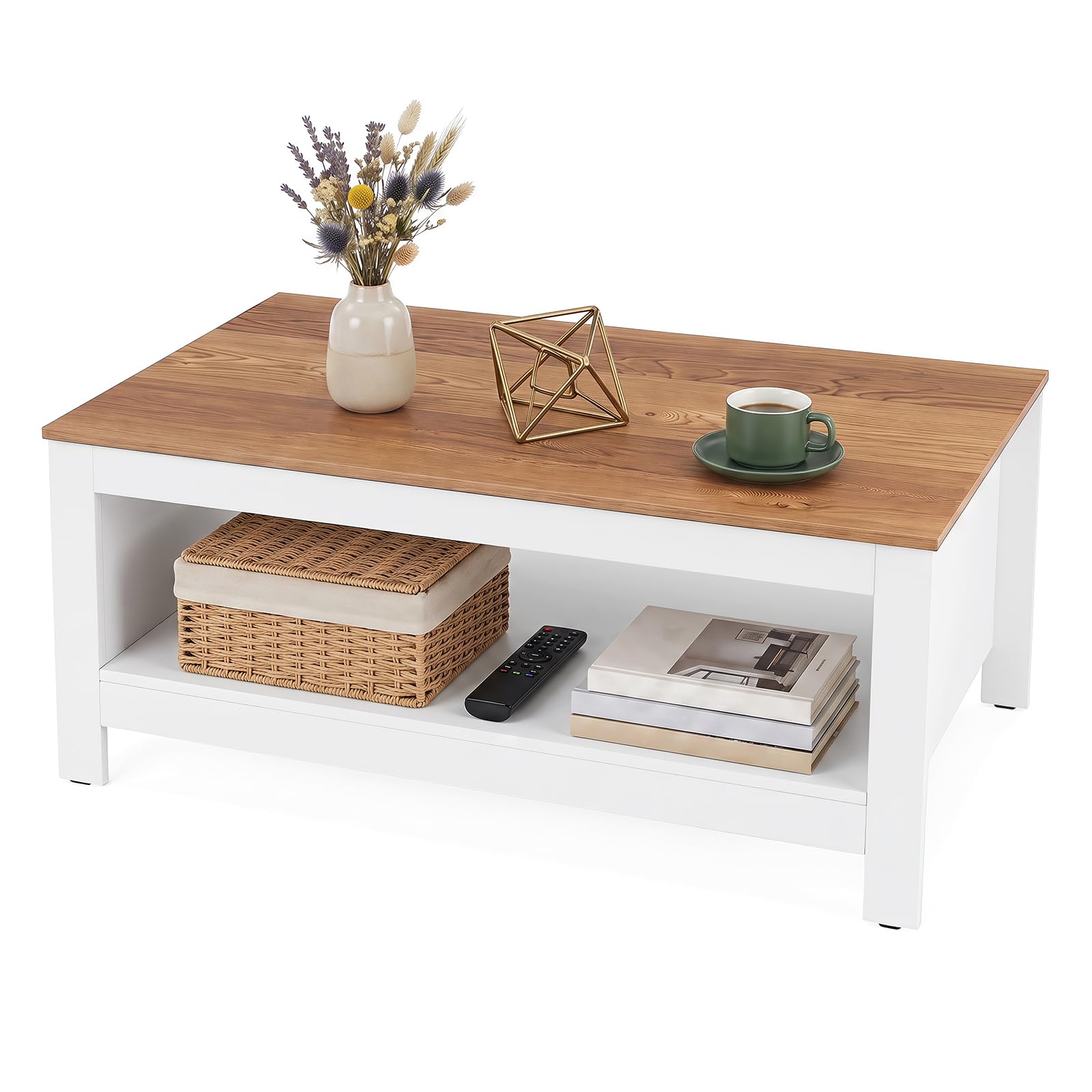 COSTWAY 2-Tier Coffee Table with Open Storage Shelf, White+Natural