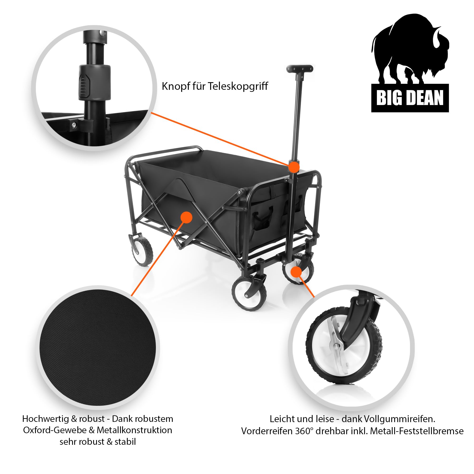 BigDean kompakter Bollerwagen faltbar schwarz bis 80kg belastbar – Kleiner Bollerwagen platzsparend zusammenklappbar für Ausflüge, Camping & Einkäufe