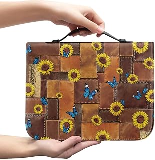 Sunflower Wood Grain Parquet Bible Cover Case for Women, PU Leather Bible Holder Bag for Bible Study, with Reinforced Handle and double zippers, for Protection, Organizing, and Easy Carrying