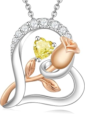 Rose Flower Heart Birthstone Necklace 925 Sterling Silver Jewelry | Hypoallergenic, 12 Month Birthstone Colors, Rose Gold Plated, Gift Box Ready, for Women Wife Mom