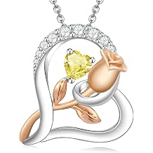 Rose Flower Heart Birthstone Necklaces for Women, 925 Sterling Silver Anniversary Jewelry, Pendant Heart Necklaces Birthday Anniversary Christmas Gift for Women Wife Mom Girlfriend Lady