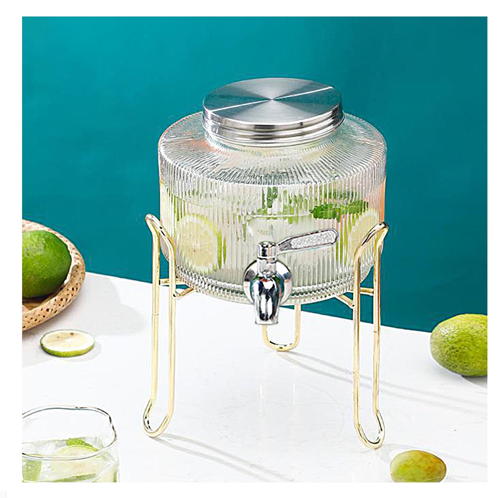 Glaskaraffe,Getränkespender - Zapfhahn Aus Edelstahl Und goldenes Regal -Wasserspender Glasbehälter Für Kalte Getränke,Für Kalt & Heiß Wasser Eistee Kaffee Milch Saft,Faucet a+golden Shelf,2.5L