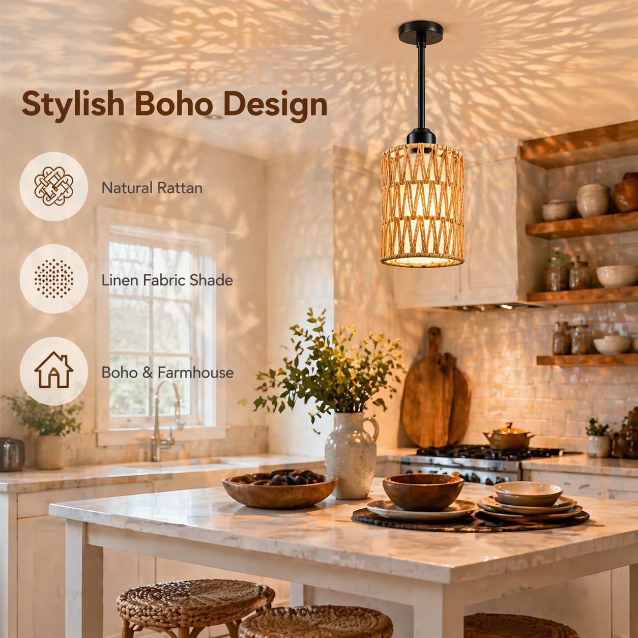 Rattan Pendant Light, 6 Inch 2-in-1 Boho Hanging Fixture with Iron Rods & Linen Shade, Adjustable Height & Sloped Ceiling Compatible for Kitchen Island Dining Room Farmhouse Bedroom, 1 Pack
