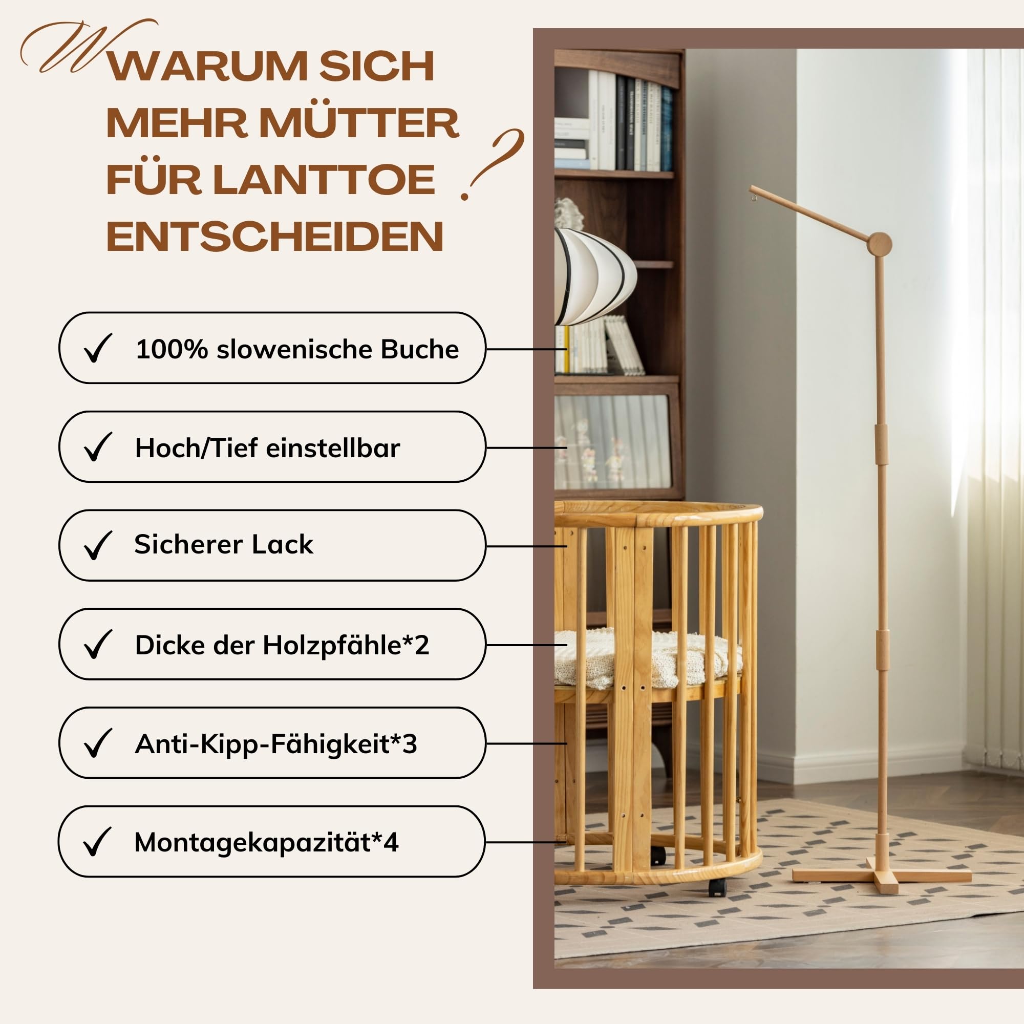 Bodenstehend Baby Mobile Halterung für Babybett Kinderbett-100% Buche-Beweglich mobile halterung wickeltisch Laufstall Wiege-Verdicken Holzstange-Sturz Verhindern Design-61 Inches (Basic)