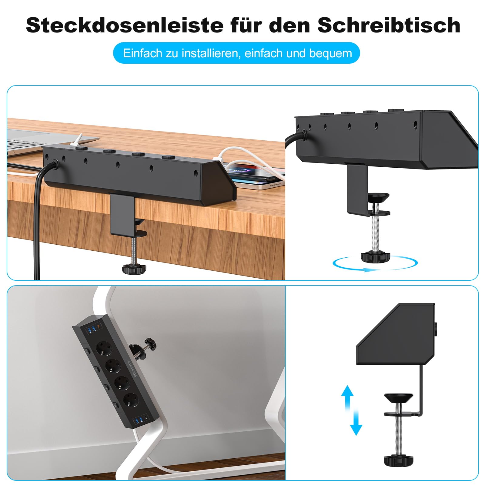 Gniazdko biurkowe z USB C PD 20W, listwa zasilająca z 4 pojedynczymi przełącznikami, 4-krotne gniazdko narożne z 6 USB, płaska wtyczka wielogniazdko montaż ścienny z kablem 2M, czarne