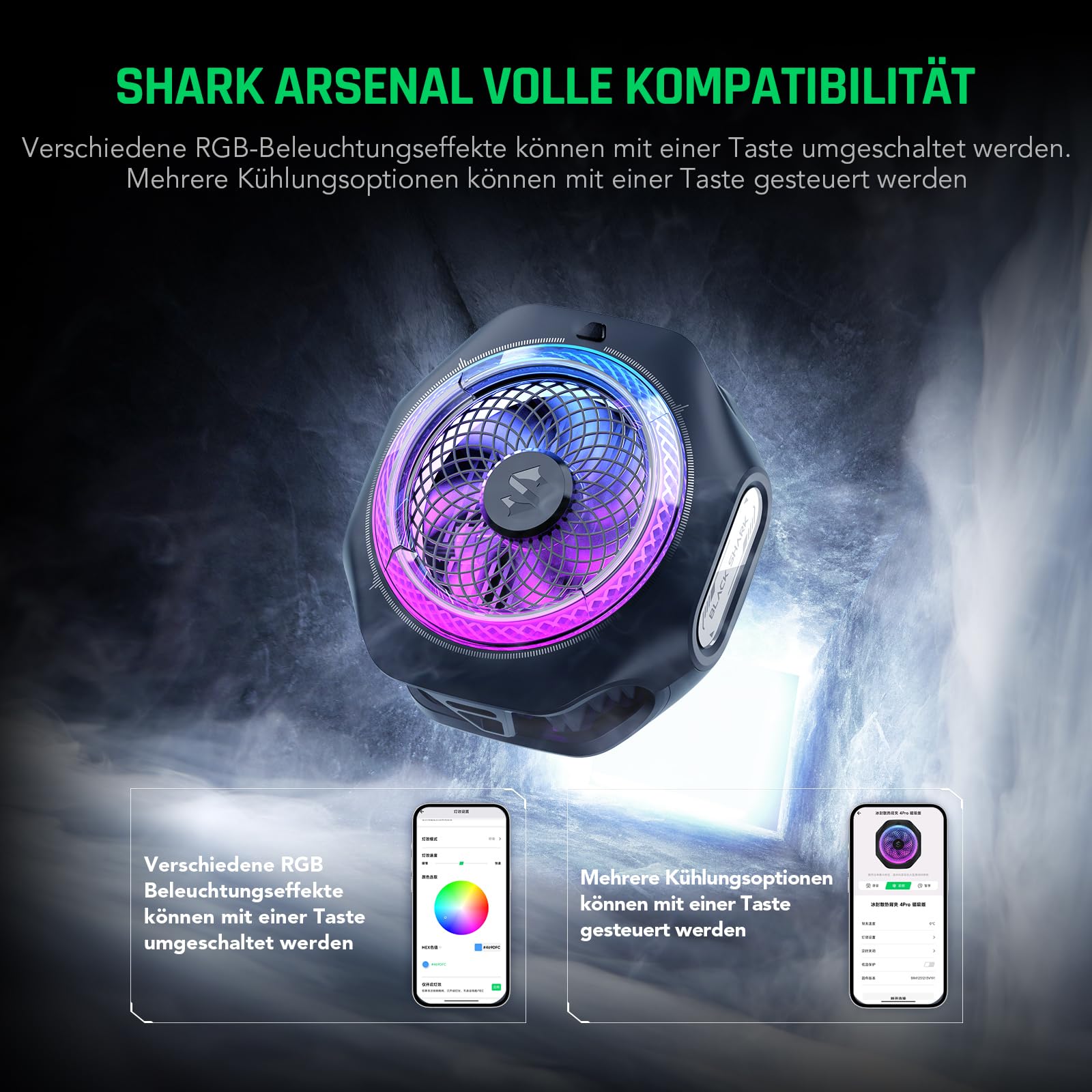 Black Shark 4PRO Magnetic Cell Phone Cooler, Handy-Kühler mit abnehmbarem Griff, App-gesteuerte Temperaturregelung, tragbarer RGB-Kühlventilator