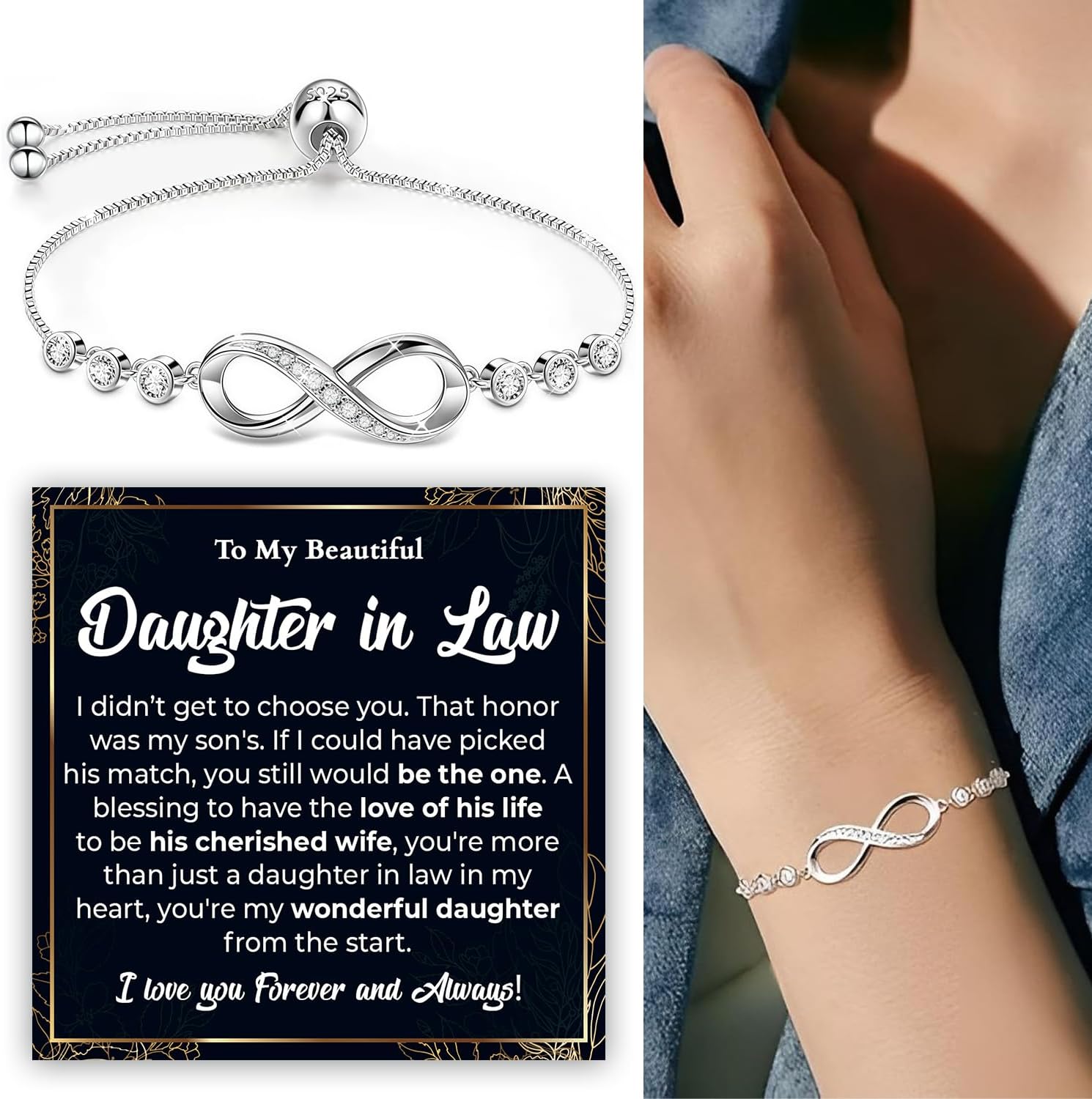 To My Daughter In Law Infinity Heart Bracelet From Mom And Dad, Wedding Christmas Anniversary Birthday Gift For Daughter In Law, Bracelet With Message Card And Gift Box From Mother-In-Law - Image 5