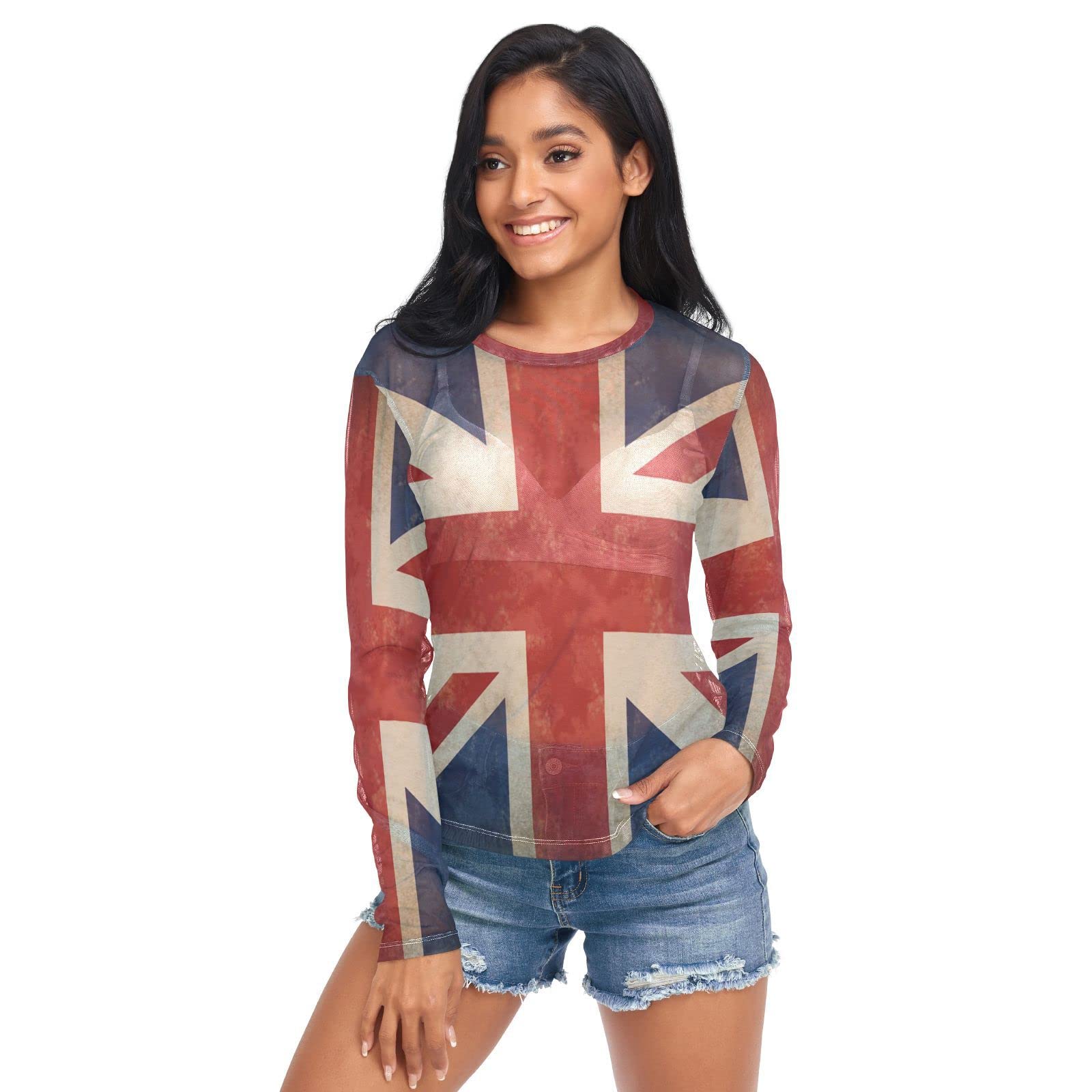Anantty Women's Multicoloured Casual Tops T Shirt Vintage Britain Uk British Flag Long Sleeve Shirts Tunic Tops Mesh Longline Shirt Crewneck Pullover