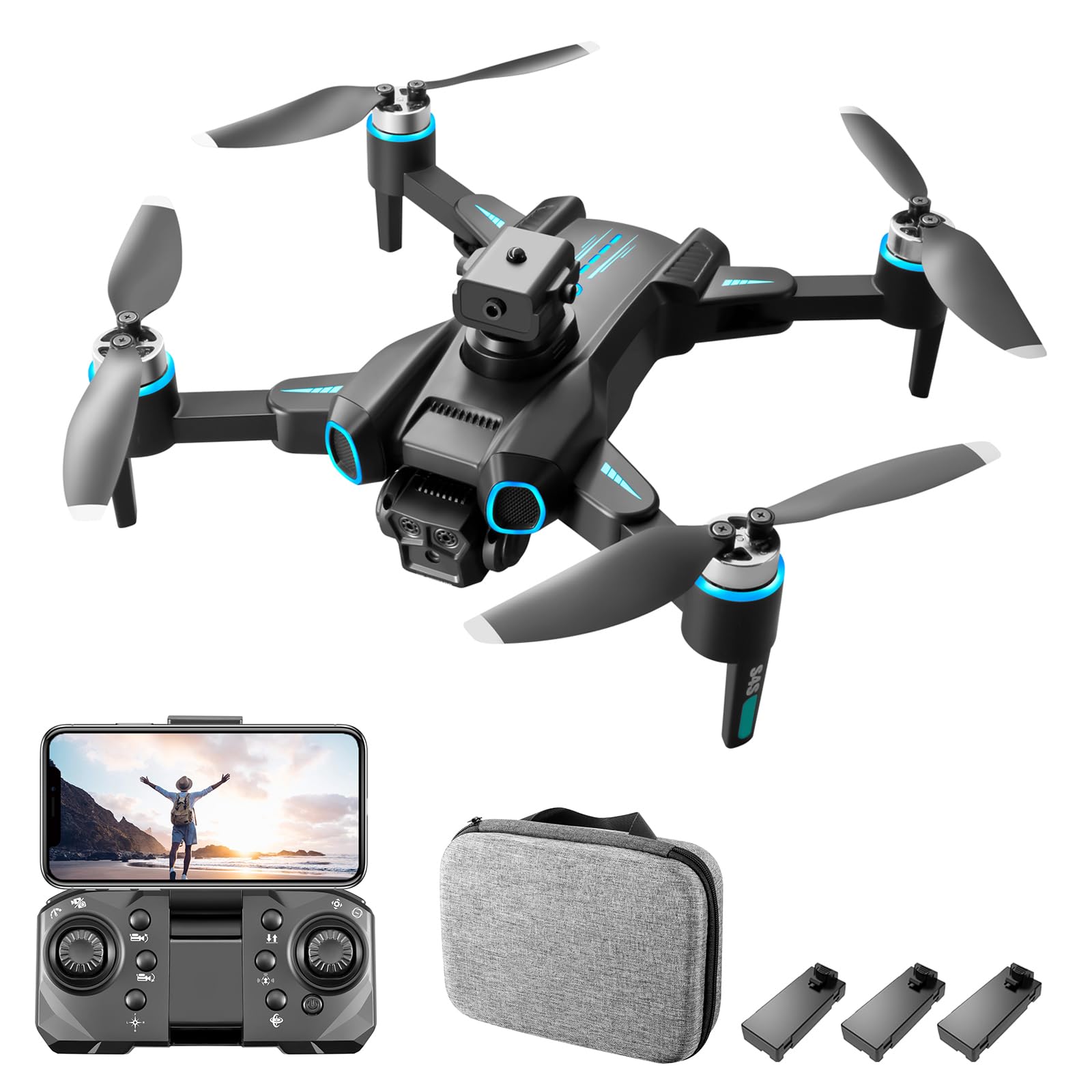 Drone con fotocamera per bambini e adulti, quadricottero pieghevole con controllo motore senza spazzole con ribaltamenti 3D Localizzazione ottica Fotografia gestuale per (Batteria 6K3)