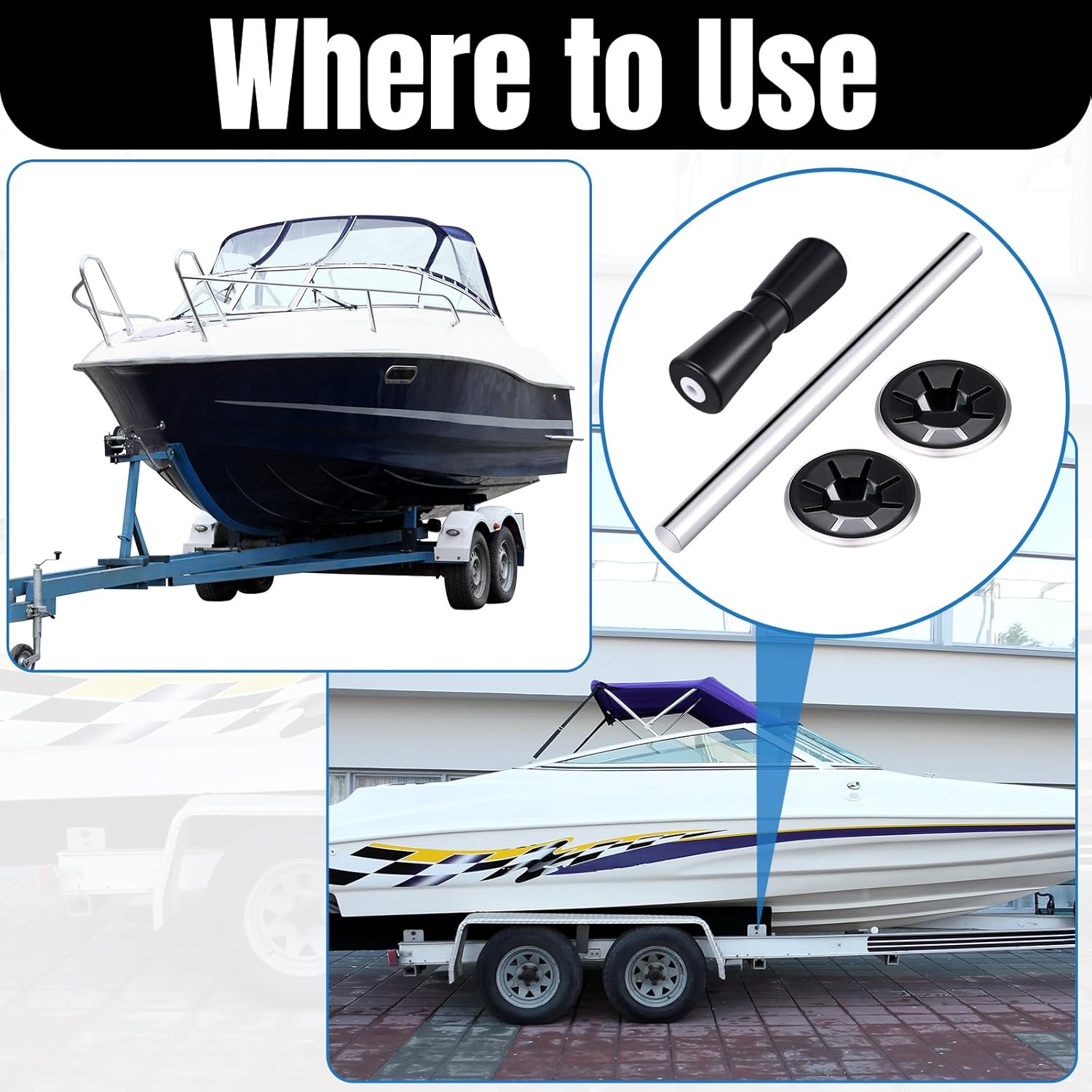 1 Set Heavy Duty Boat Trailer Roller Set Including 1 Black Rubber Shaft Keel Silver Zinc Plated Steel Roller Shaft 2 Nuts for Roller Boat Part Accessories