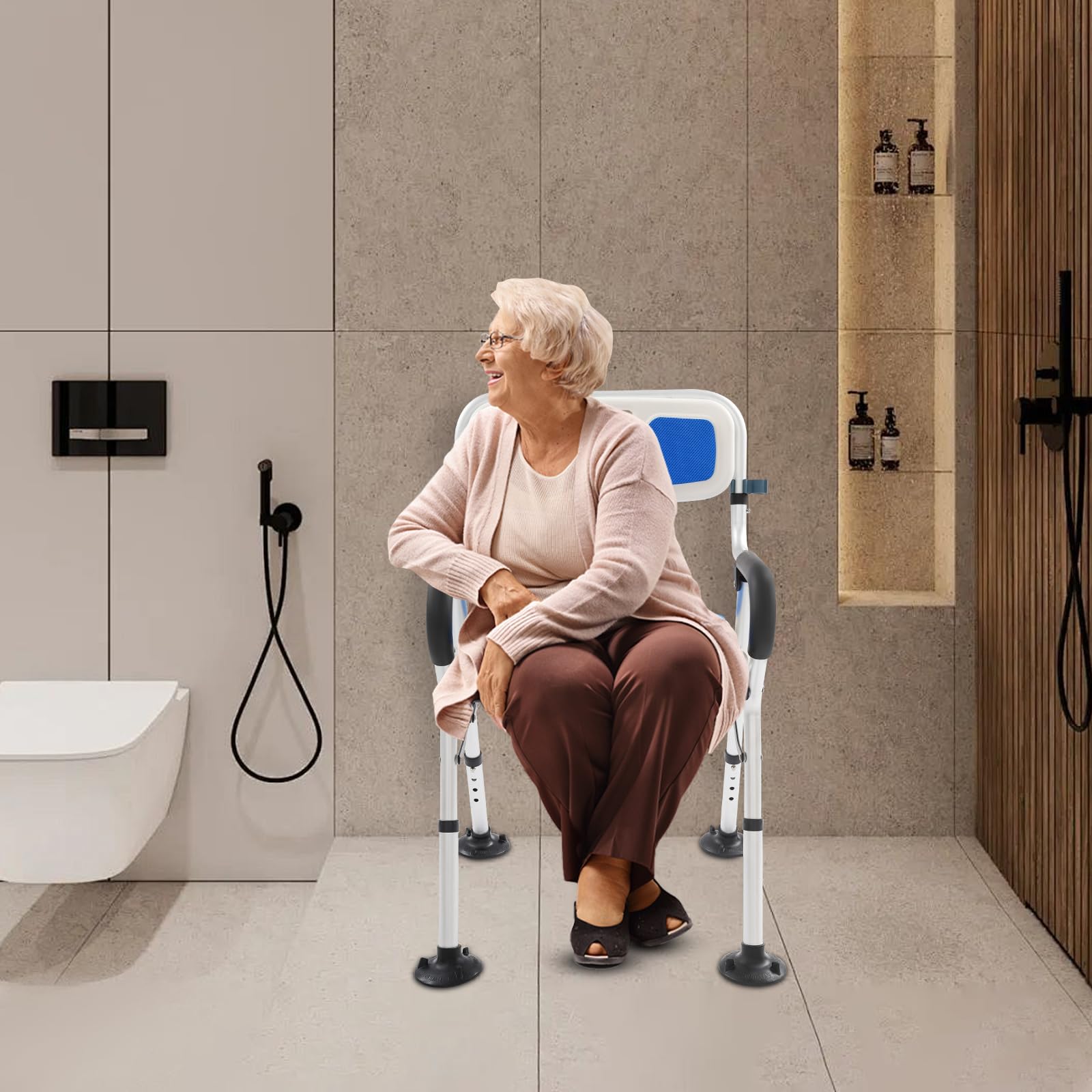 Silla de ducha en forma de U con respaldo y reposabrazos, plegable, antideslizante, altura regulable (72-79 cm), hasta 150 kg, para personas mayores y personas
