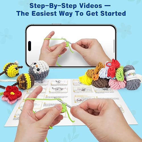 Miniatura 3 de WaldyWop Kit de ganchillo para principiantes 3 marcadores de animales y flores kits de punto para niñas con hilo fácil, gancho de ganchillo y