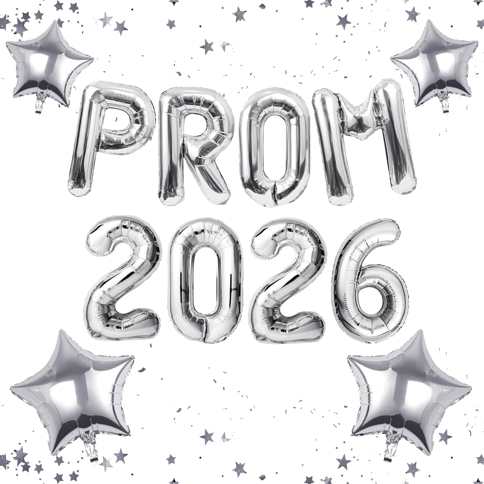 PROM 2026 Decorations Set, 12 Pcs Silver Foil Letter Balloons & Stars, 16" Banner for Class of 2026, Prom Night & Graduation Party Decorations