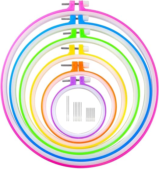 Caydo 6 Pieces Embroidery Hoops and 15 Needles, Plastic Circle Cross Stitch Hoop Ring Embroidery Circle Set, 3.4 inch to 10.4 inch (Multicolor)