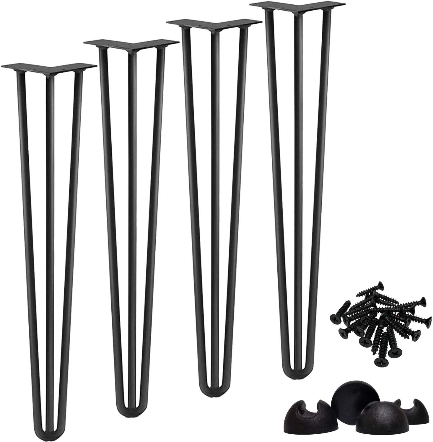 28 inch Hairpin Legs, 3 Rods, 1/2” Thick, Solid Steel Metal, Heavy Duty, Black, Set of 4, Rubber Floor Protectors & Strong Screws for Industrial Furniture, Desk, Dining Table, High Stand