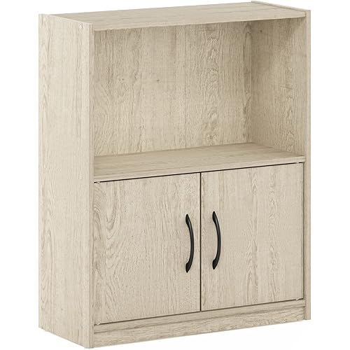 Furinno Gruen 2-Tier Open Shelf Bookcase with 2 Doors Storage Cabinet, Metropolitan Pine