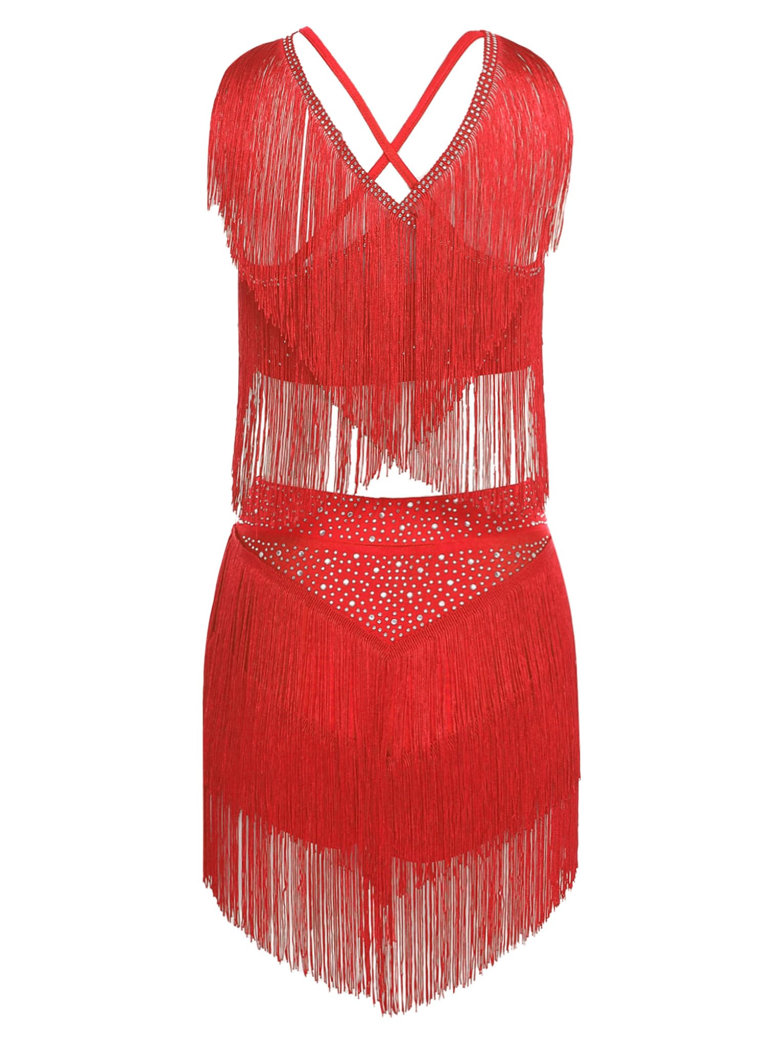 Abito da Ballo Latino Donna 2 Pezzi Top Senza Maniche Gonna con Nappe e Strass Vestito da Pattinaggio Salsa Cha Cha Dancewear