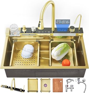 68 Cm Smart Digital Display Waterfall Sink 304 Stainless Steel Modern Kitchen Sink with 5 Water Outlet Modes Includes Waterfall Pull Out Faucet and Cup Washers Premium Si-Gold-75 x 45 cm