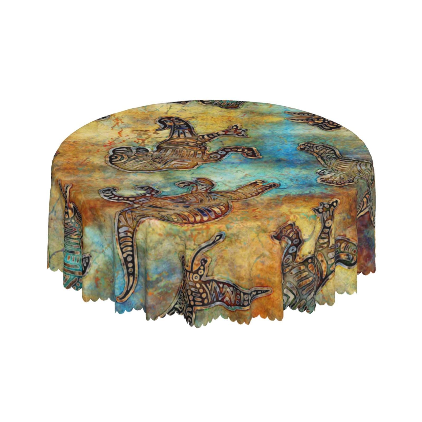 Lsjuee Dinosaur Metal Texture Tribe Fossil Round Tablecloth 60 Inch Printed Washable Tablecloth for Dining Party Holiday Fall Home Decorative