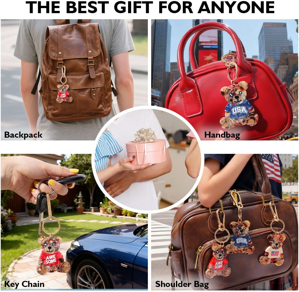 Bear Keychain with USA Blue T-Shirt - Cute Acetate Bag Charm for Backpack Purse Zipper Pull