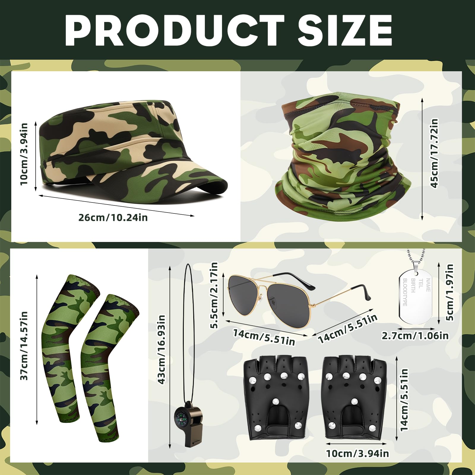 Athora 7Pcs Army Fancy Dress Accessories Set for Adults Military Costume Accessories with Camouflage Hat, Tactical Gloves - Image 2