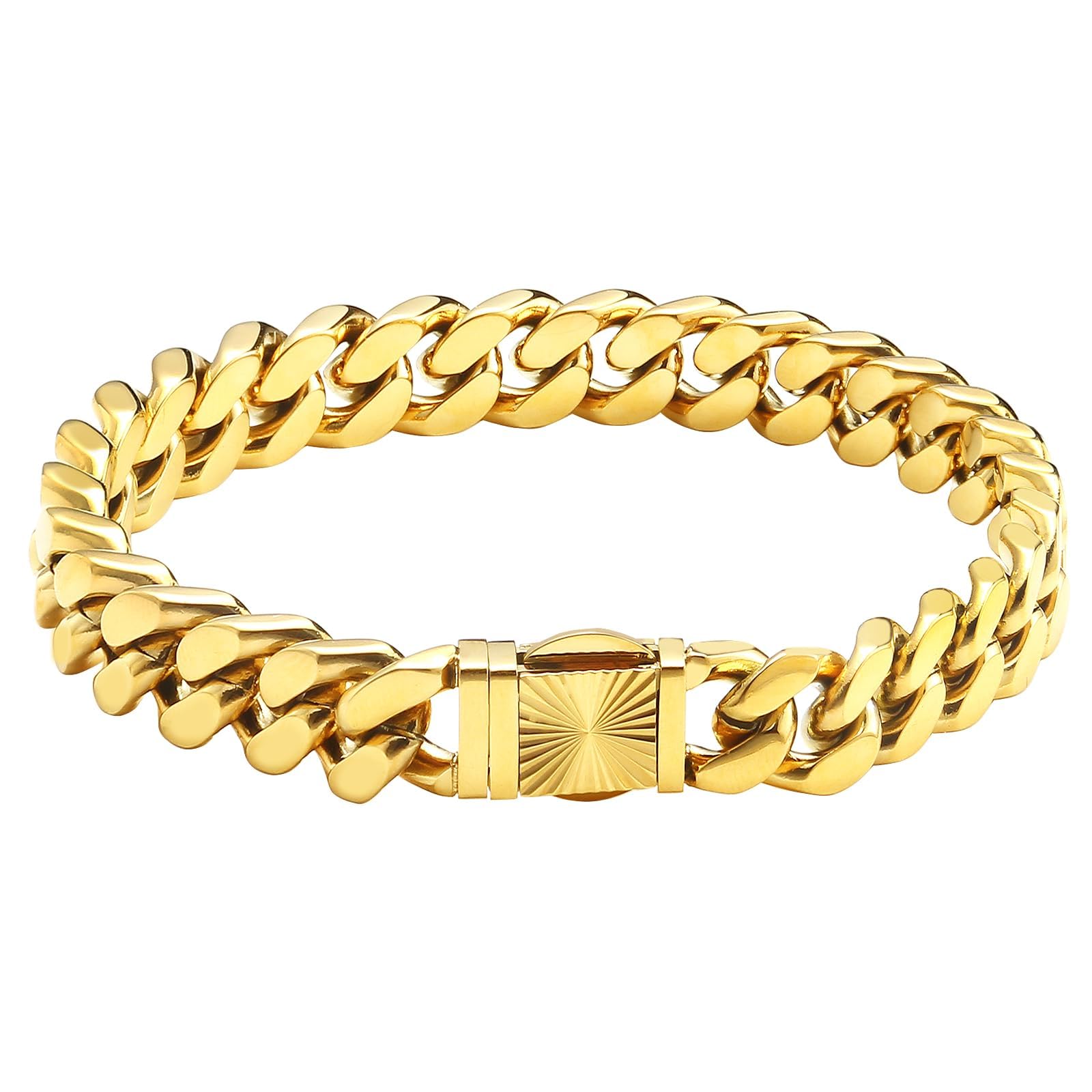 Cuban Link Chain Bracelet for Men- 316L Stainless Steel 9/10MM Width Fashion Pattern Snap Button Hip Hop Jewelry,Two Style Cuban Bracelets 18K Gold Plated/Stainless Steel with Gift Box