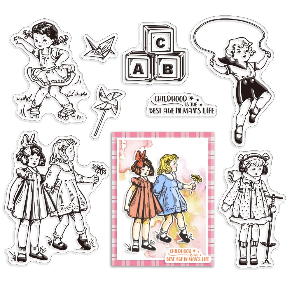 CRASPIRE SchoolClear Rubber Stamps Happy Childhood Retro Dress Lovely Woman Jump Rope Paper Airplanes Transparent Vintage Postmark Silicone Seals Stamp Journaling Card Making Diy Scrapbooking