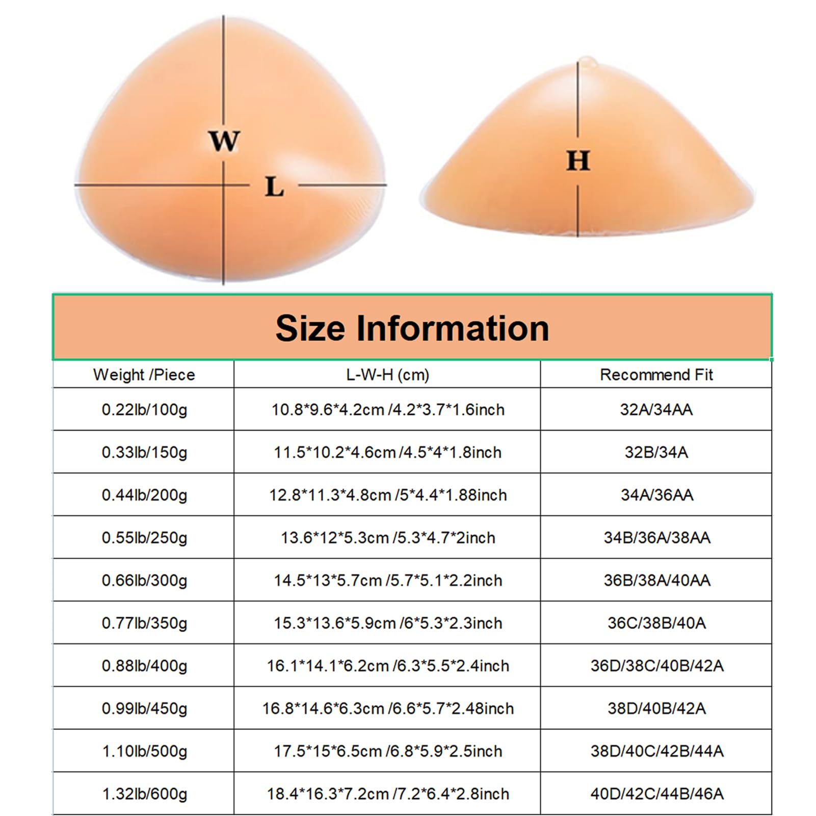 Proteza Piersi Silikonowe Samoprzylepne Wkładki Do Biustonosza Trójkątne Sztuczne Sztuczne Cycki Dla Mastektomii Crossdresser Cosplay 1 Para(1600g/pair, Nude)