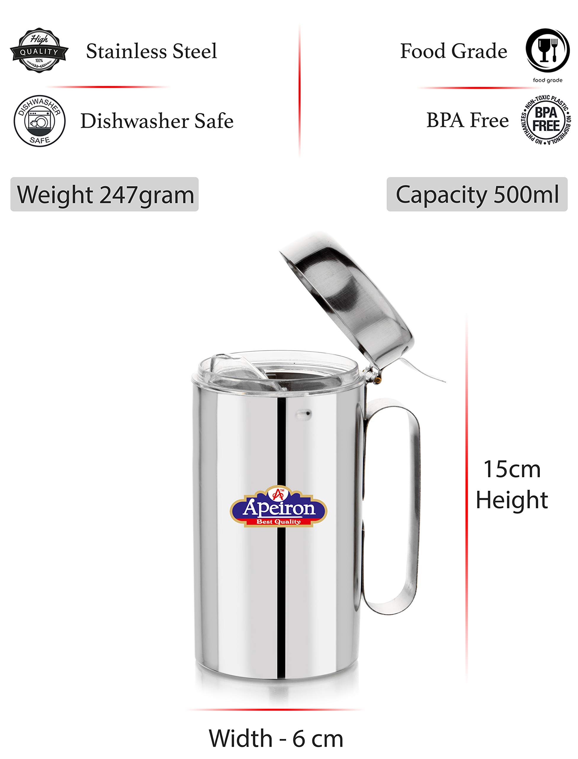 Apeiron Stainless Steel | Oil Dispenser | Transparent Nozzle | Cooking Oil Dispenser | Oil Stopper | Oil Pourer | Sliver | (500ml Pack of 1)