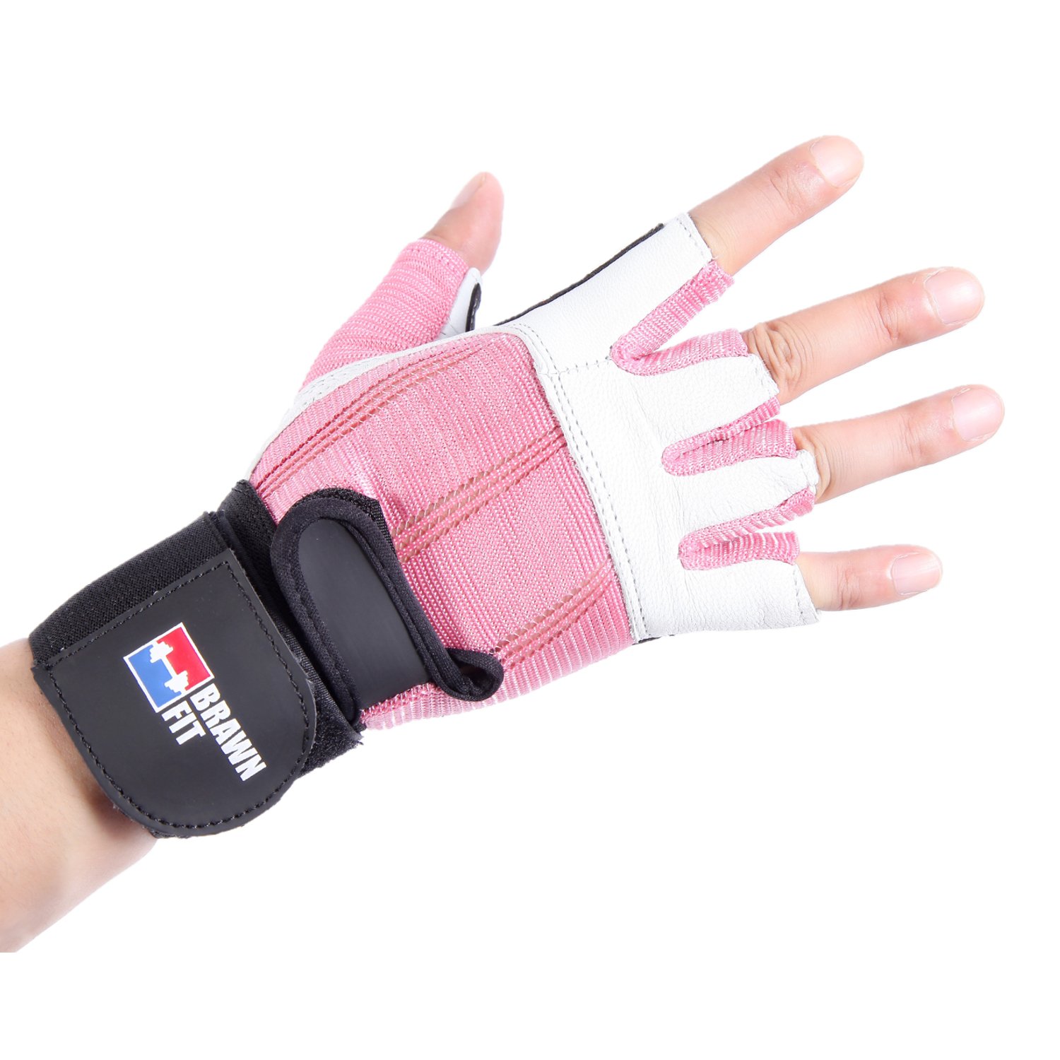 Piel suave Gimnasio Levantamiento de pesas guantes sin dedos con 12 "muñeca apoyo gimnasio con doble costura estilo para hombres y mujeres Brawn Fit, Rosado/Blanco