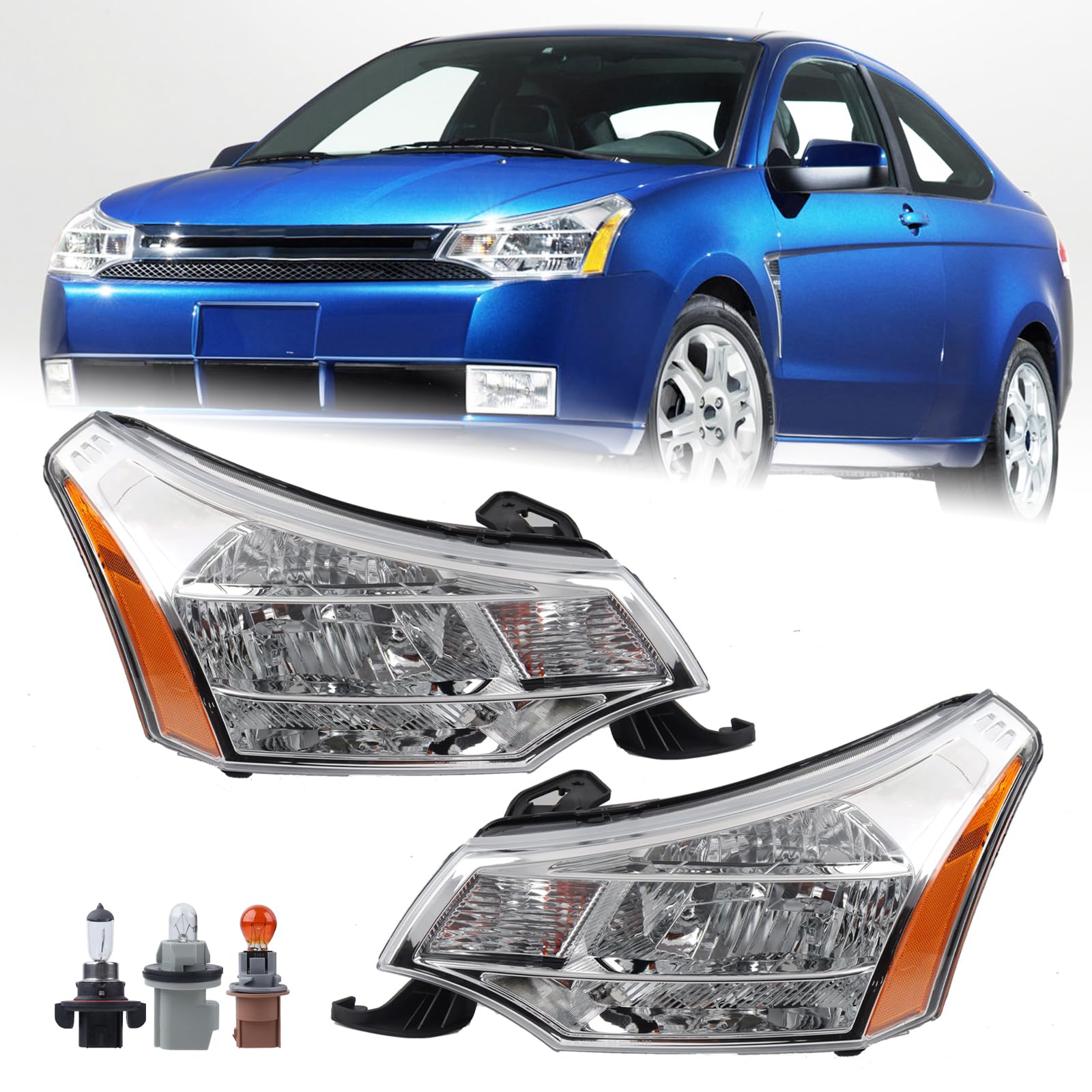 KAMDKI A Pair Headlight Fit for 2008-2011 Ford Focus S/SE/SES/SEL Chrome Housing with Amber Reflector Headlamp Assembly Left Driver&Right Passenger