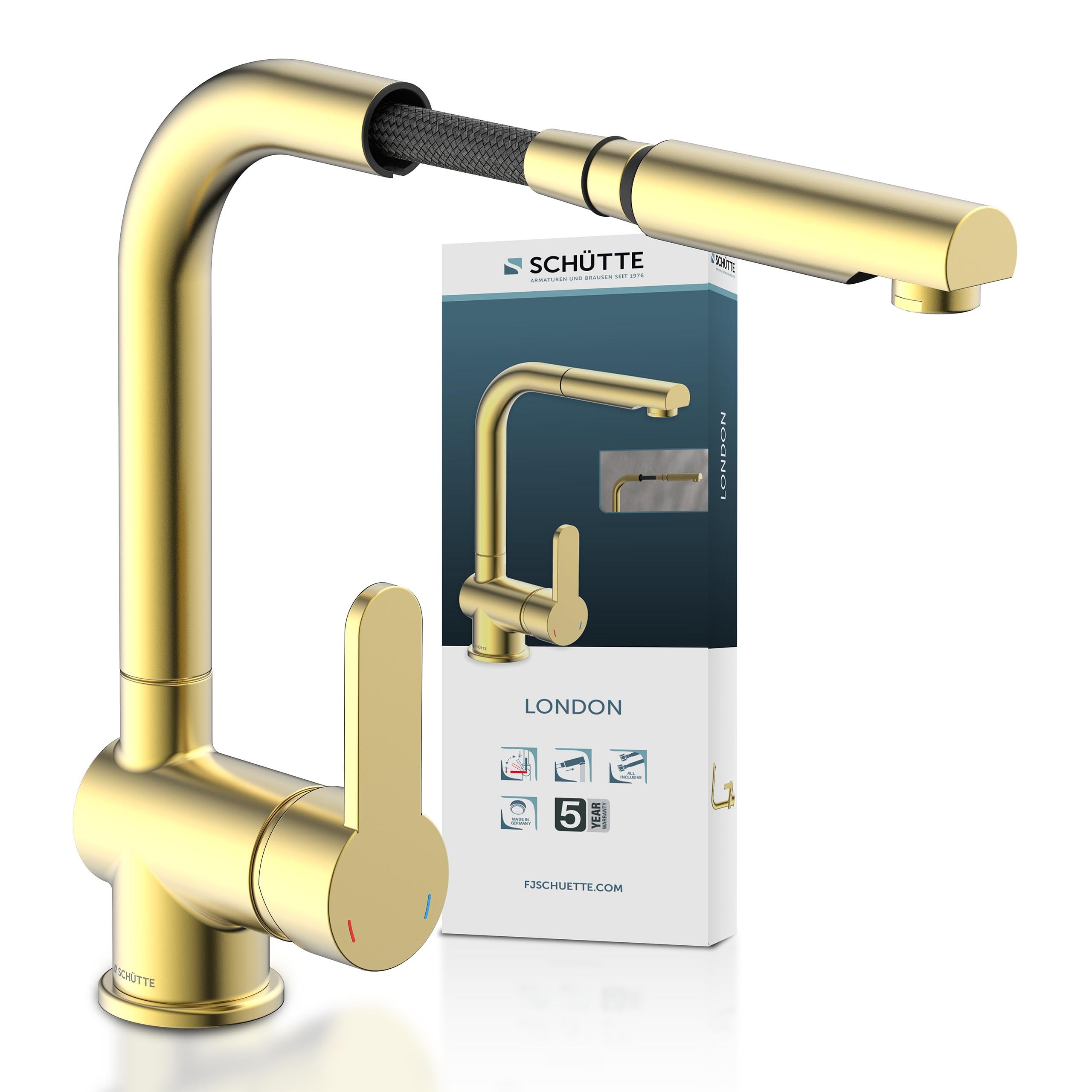 SCHÜTTE 79770 London Küchenarmatur mit ausziehbarer Geschirrbrause, 360 Grad schwenkbarer Wasserhahn für die Küche, Mischbatterie mit Einhebelmischer, Spültischarmatur in Gold
