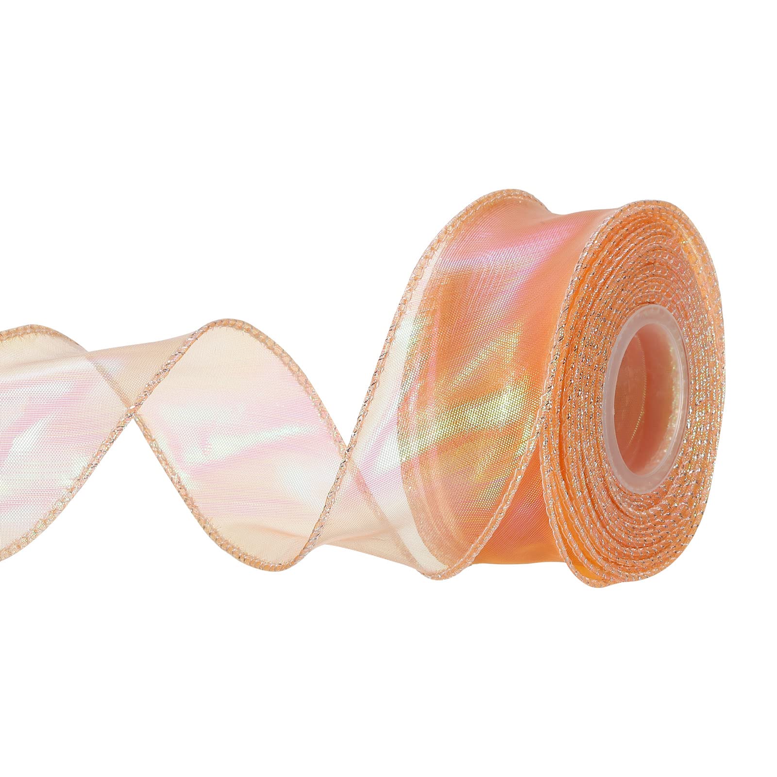 MECCANIXITY 1 1/2" Wide Sparkly Sheer Wired Organza Ribbon Pastel Shimmer Iridescent Chiffon Ribbons 10 Yard Orange for Gift Wrapping Bouquet Wedding