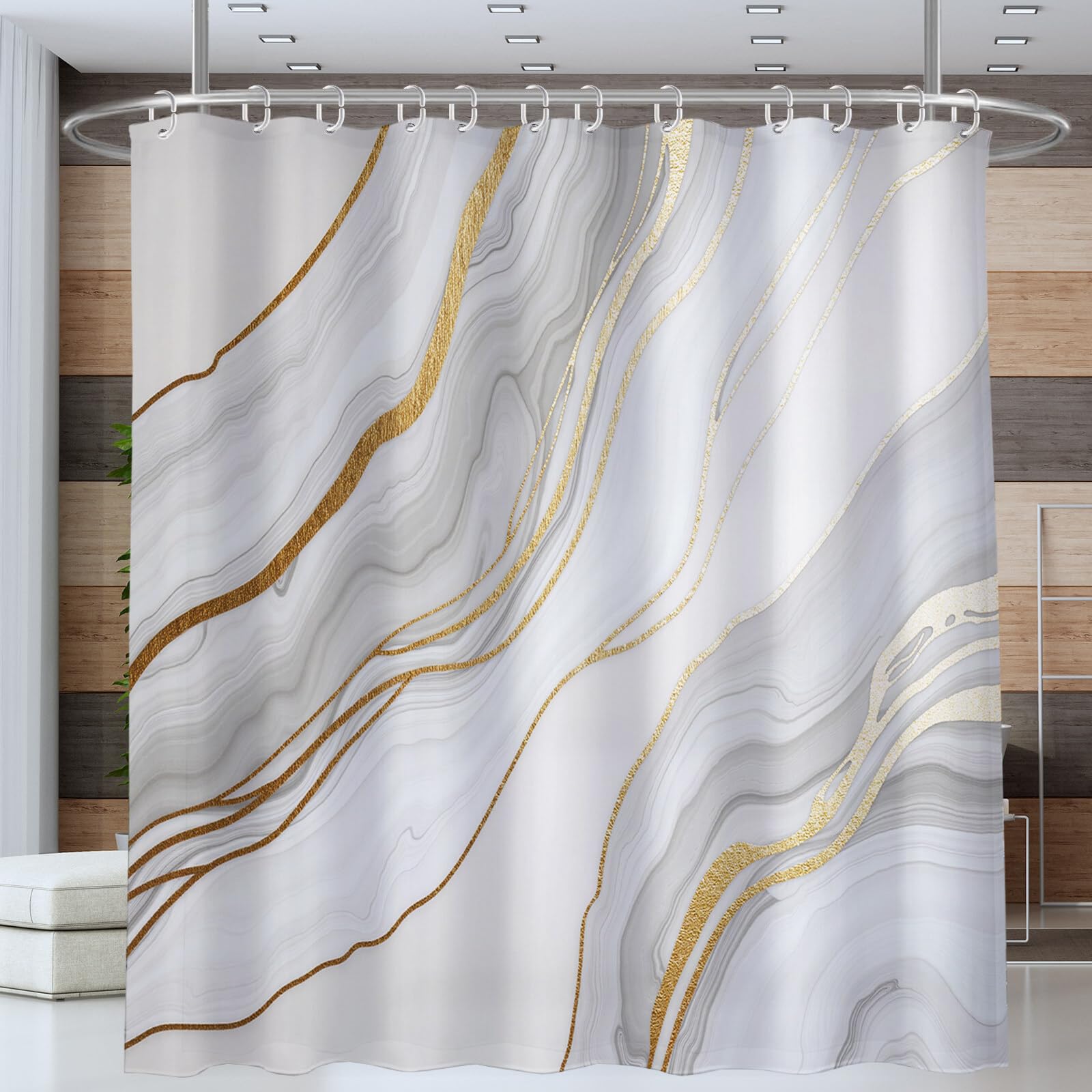 Rideau De Douche Marbre Texturé Luxe Abstrait Tissu Imperméable Lavable avec Crochets Anti Moisissure en Polyester Rideau Douche pour Salle De Bain