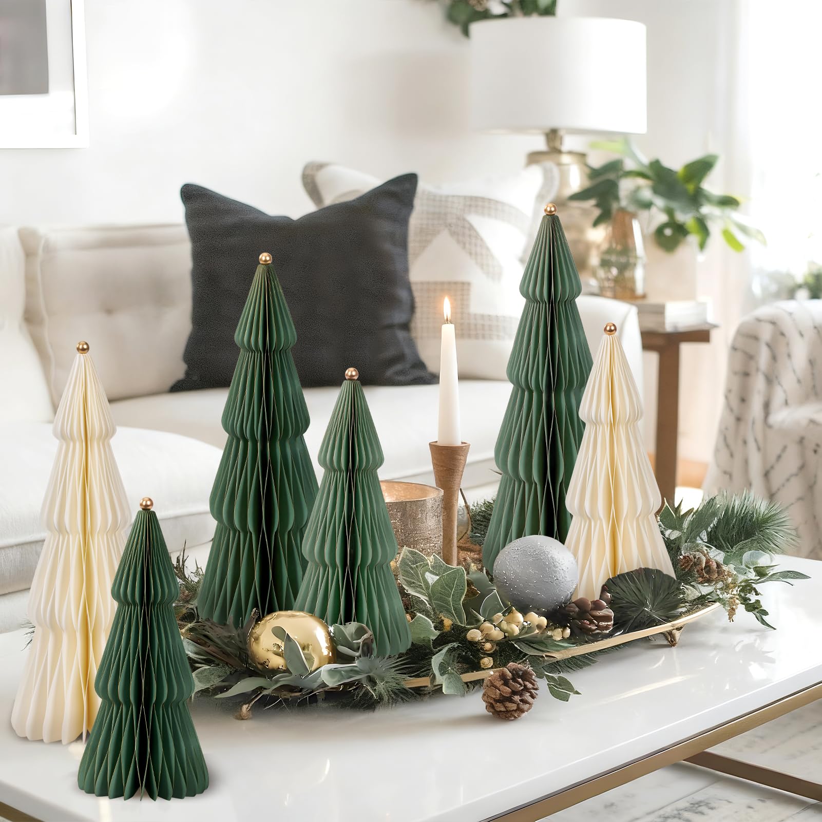 SUNBEAUTY 6 Stück weihnachtsdekoration Tischdeko matt Grün 3D Papier Weihnachtsbaum Waben Papiertannenbäume mit Metallkugel Christmas Baumschmuck Deko für Esstisch Schrank Fensterbank Kaminsims