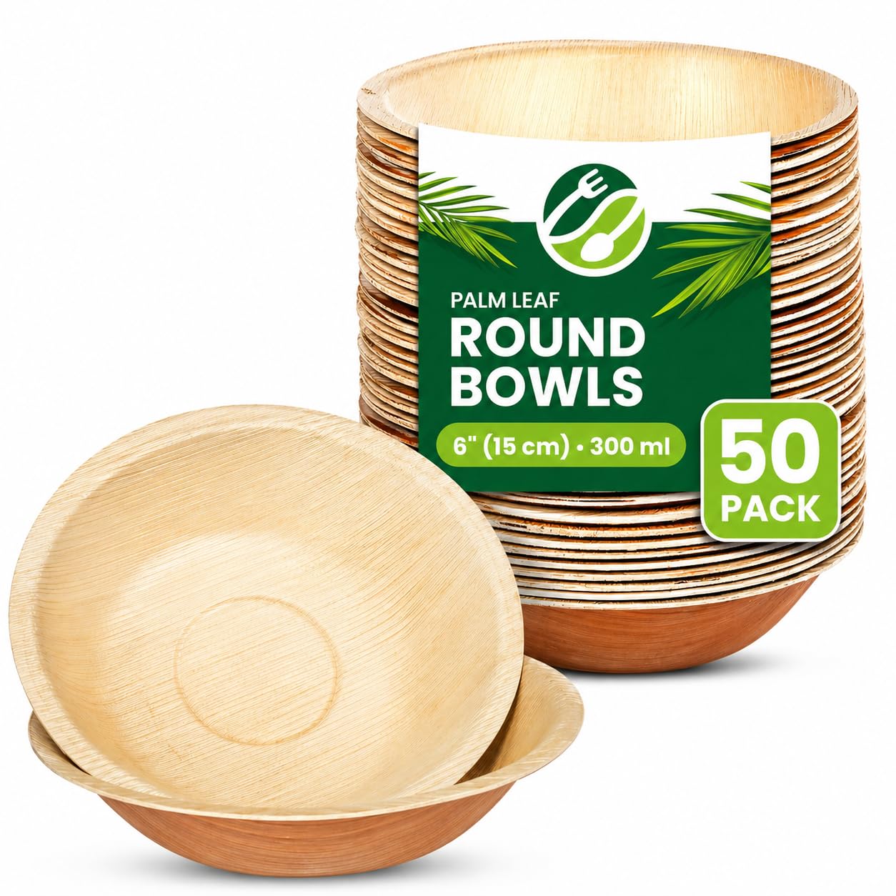 Eco Leaf Products Disposable Palm Leaf Bowls – Pack of 50, 6" (15cm) Round Compostable for Desserts & Salad, Eco-Friendly, Biodegradable, Heavy-Duty, Microwave & Oven Safe – for Weddings & Parties